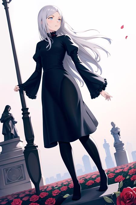 00455-2380827763-yoshida akihiko,__1girl, black dress, black flower, black pantyhose, black rose, blue eyes, dress, dutch angle, feet out of fram.png